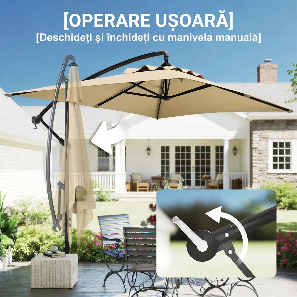 Outsunny Umbrelă Suspendată cu Orificii de Ventilaţie, Bază în Cruce şi Manivelă, 3x2 m, Bej | Aosom Romania