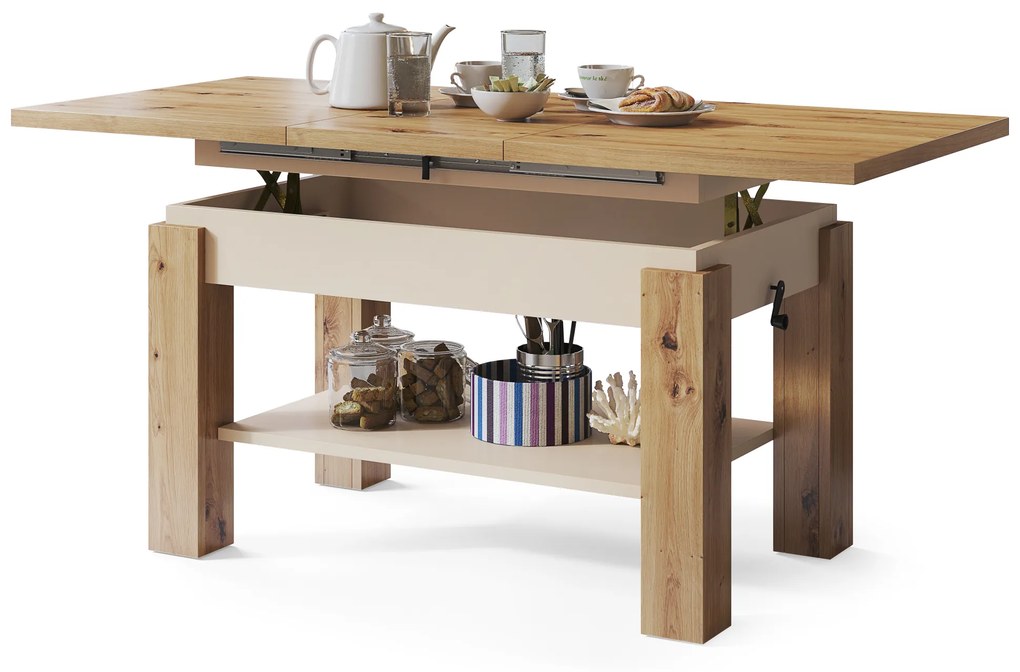Mazzoni ASTORIA Stejar Artisan/Bej (Șampanie) - MĂSUȚĂ EXTENSIBILĂ MĂSUȚĂ DE CAFEA CU RAFT