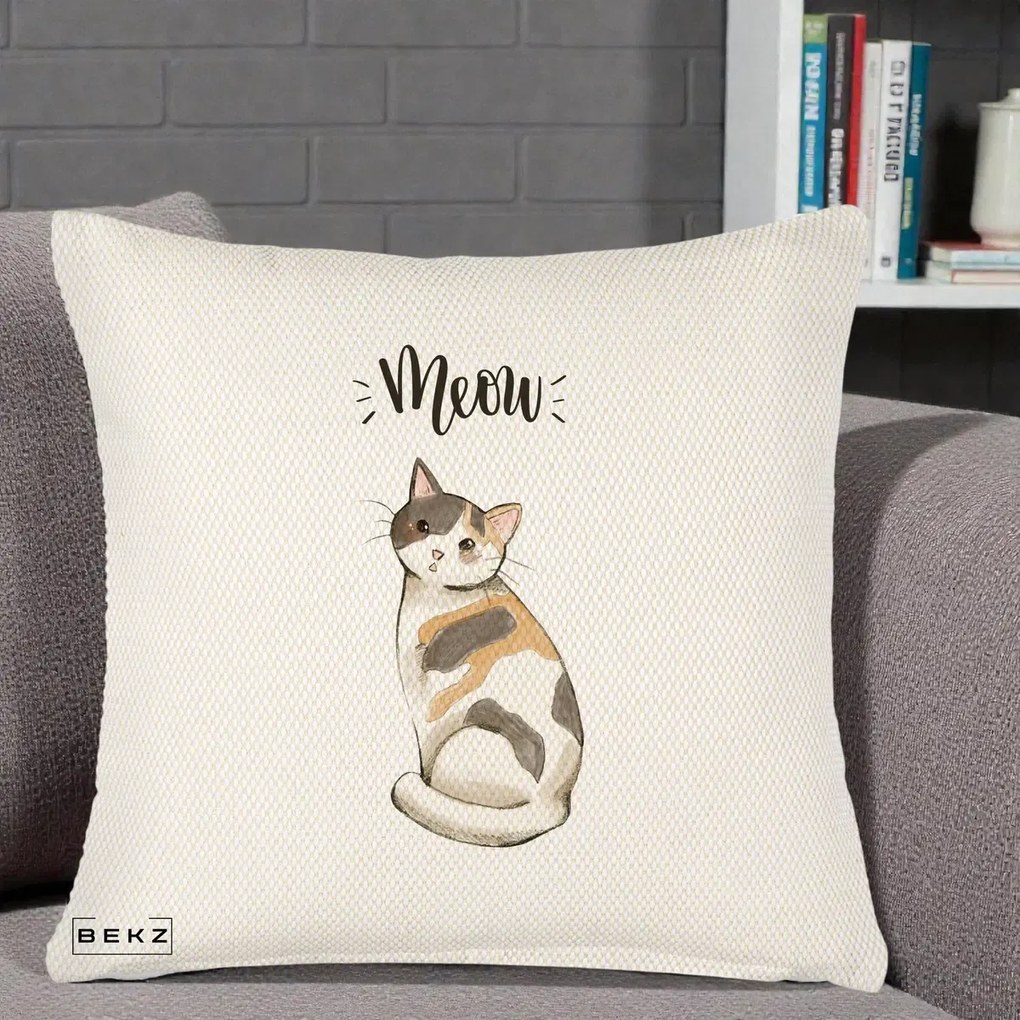 Perna Personalizata Pisica Meow Acuarela, 40x40 cm, Crem Reliefat, Husa Detasabila, Perna Inclusa, BEKZ®