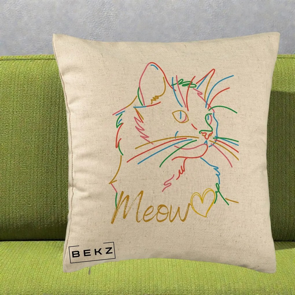 Perna Personalizata Pisica Meow Arta Linie Colorata, 40x40 cm, Bej, Husa Detasabila, Perna Inclusa, BEKZ®
