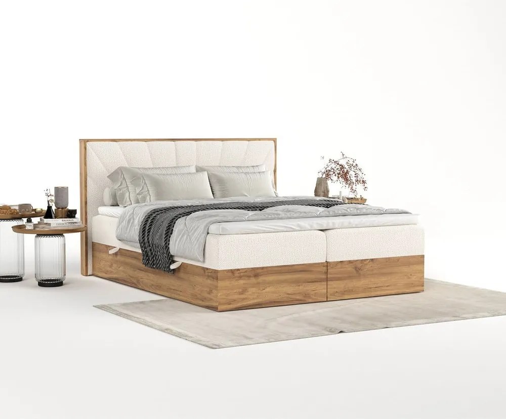 Pat boxspring crem/în culoare naturală cu spațiu de depozitare 160x200 cm Asahi – Maison de Rêve