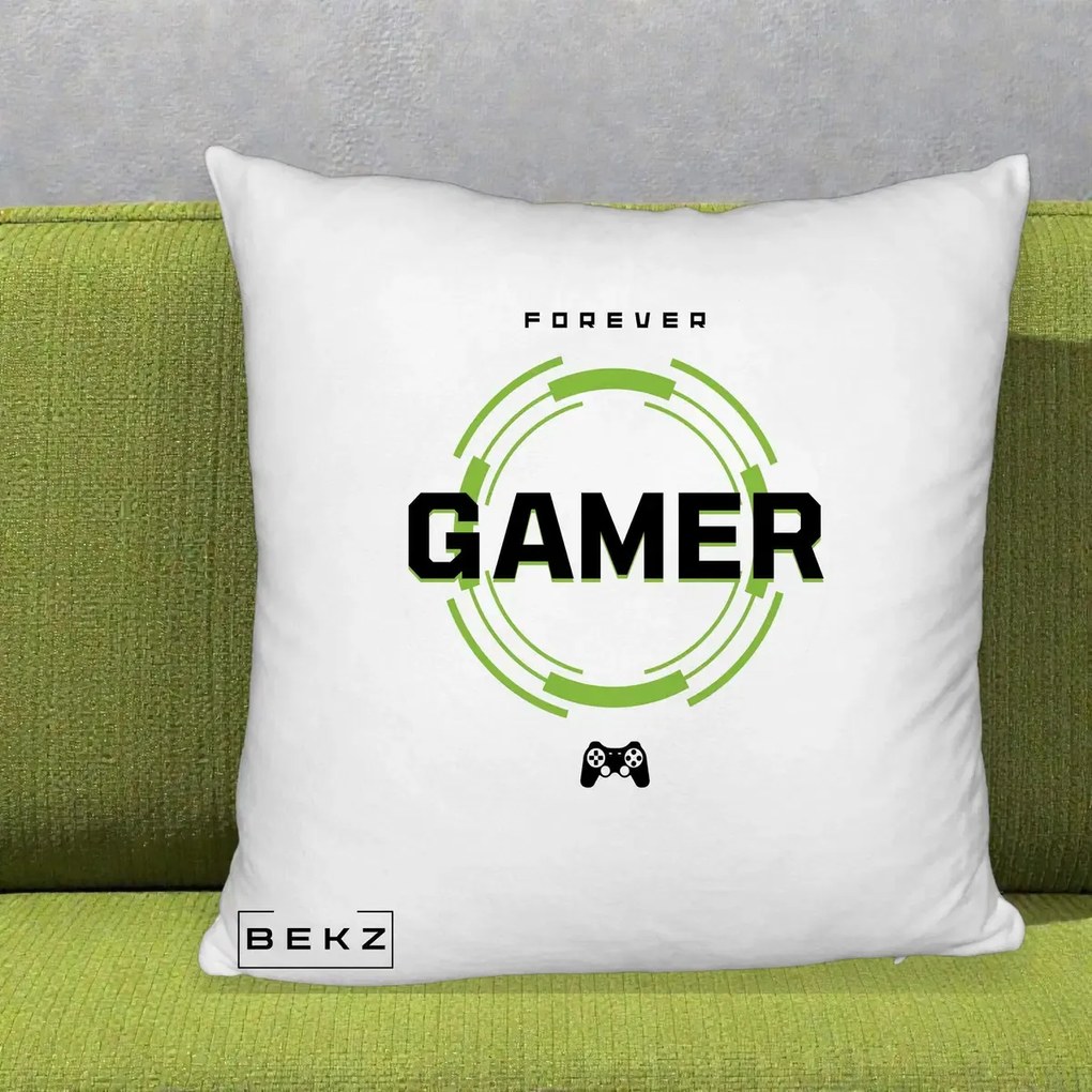 Perna Personalizata Forever Gamer, 40x40 cm, Alb Pufos, Husa Detasabila, Perna Inclusa, BEKZ®