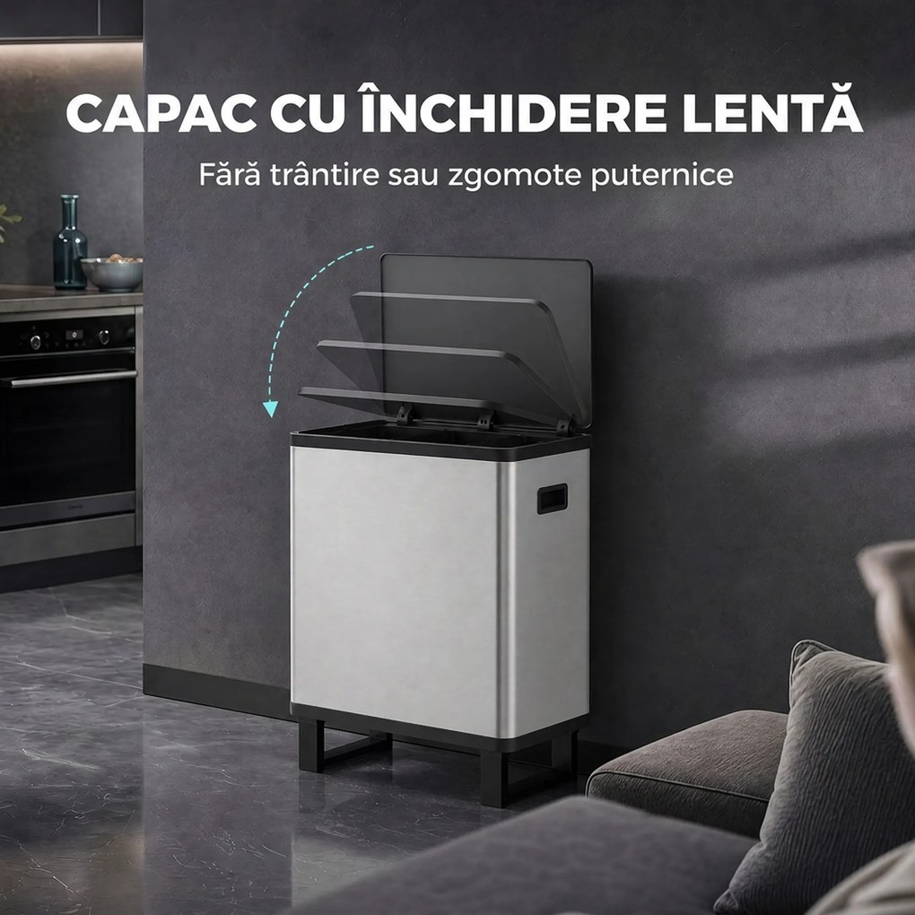 HOMCOM Coș de gunoi automat cu senzor, 54 L, 3 compartimente, oțel inoxidabil, argintiu | Aosom Romania