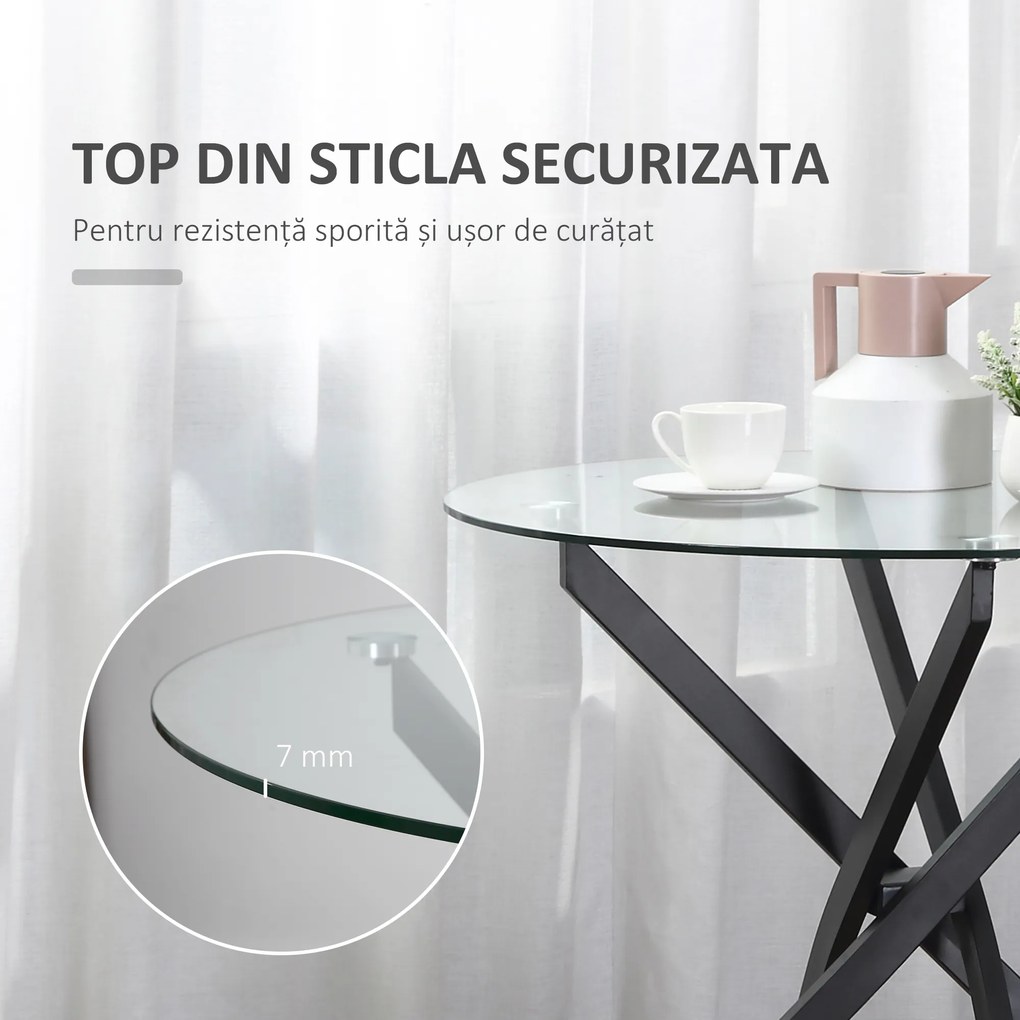 HOMCOM Masa Rotunda din Sticla si Picioare Incrucisate din Metal, Masuta Moderna pentru Sufragerie si Birou, 80x80x75cm, Negru