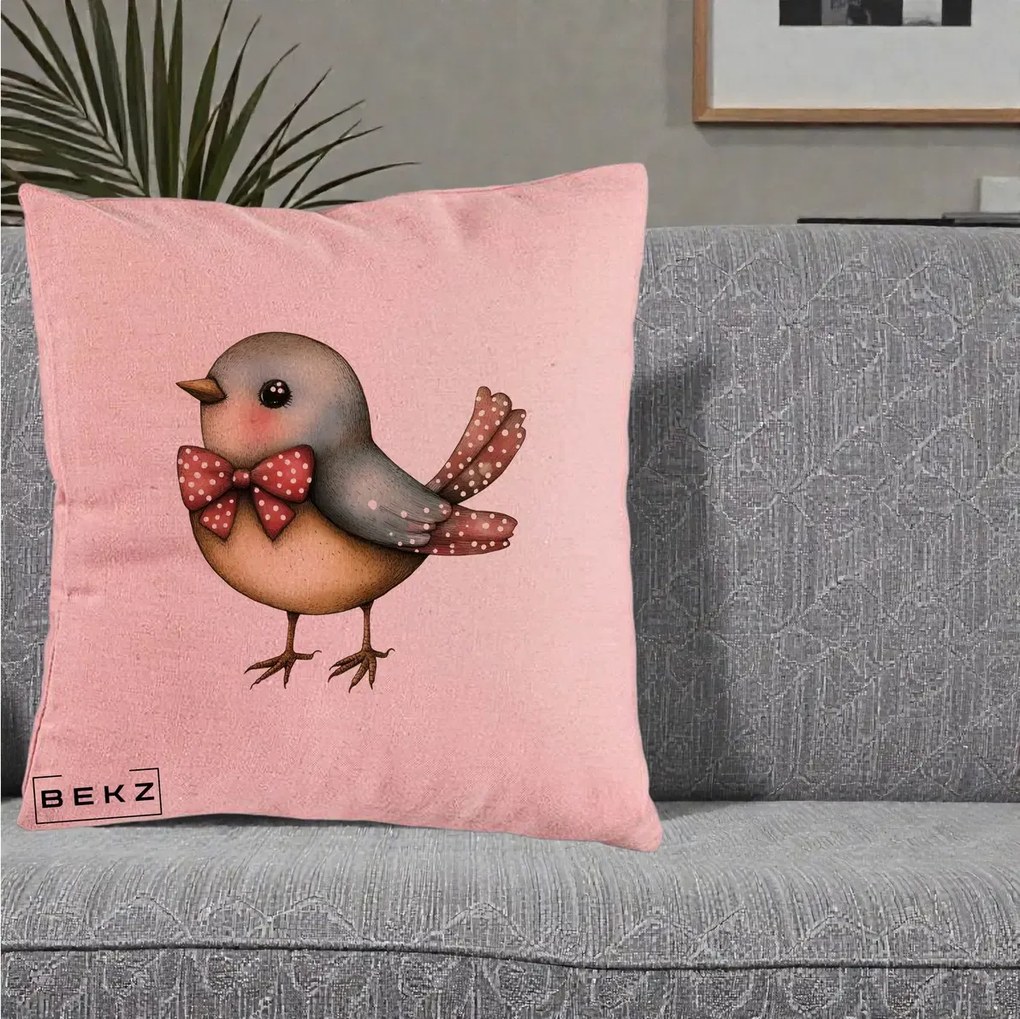 Perna Decorativa Pasare Bleu cu Fundita Rosie, 40x40 cm, Roz, Husa Detasabila, Perna Inclusa, BEKZ®