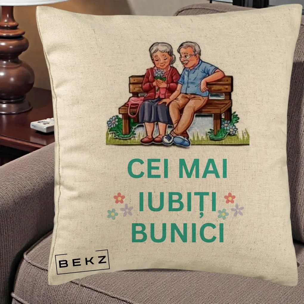Cadou pentru Bunici - Perna Personalizata Cei Mai Iubiti Bunici Cuplu pe Banca Ilustratie, 40x40 cm, Bej, Husa Detasabila, Perna Inclusa, BEKZ®