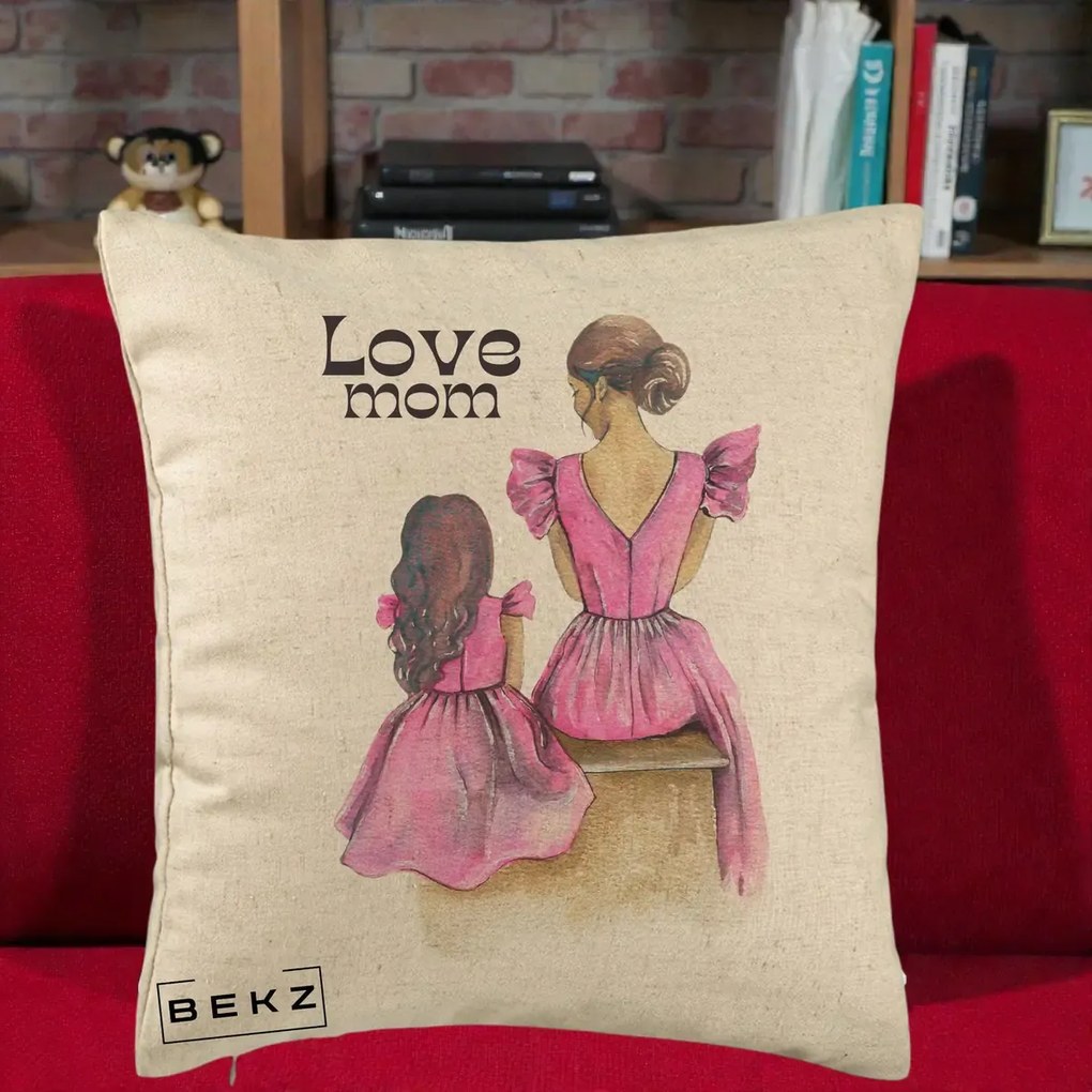 Cadou pentru Mama - Perna Personalizata Love Mom Rochii Roz, 40x40 cm, Bej, Husa Detasabila, Perna Inclusa, BEKZ®