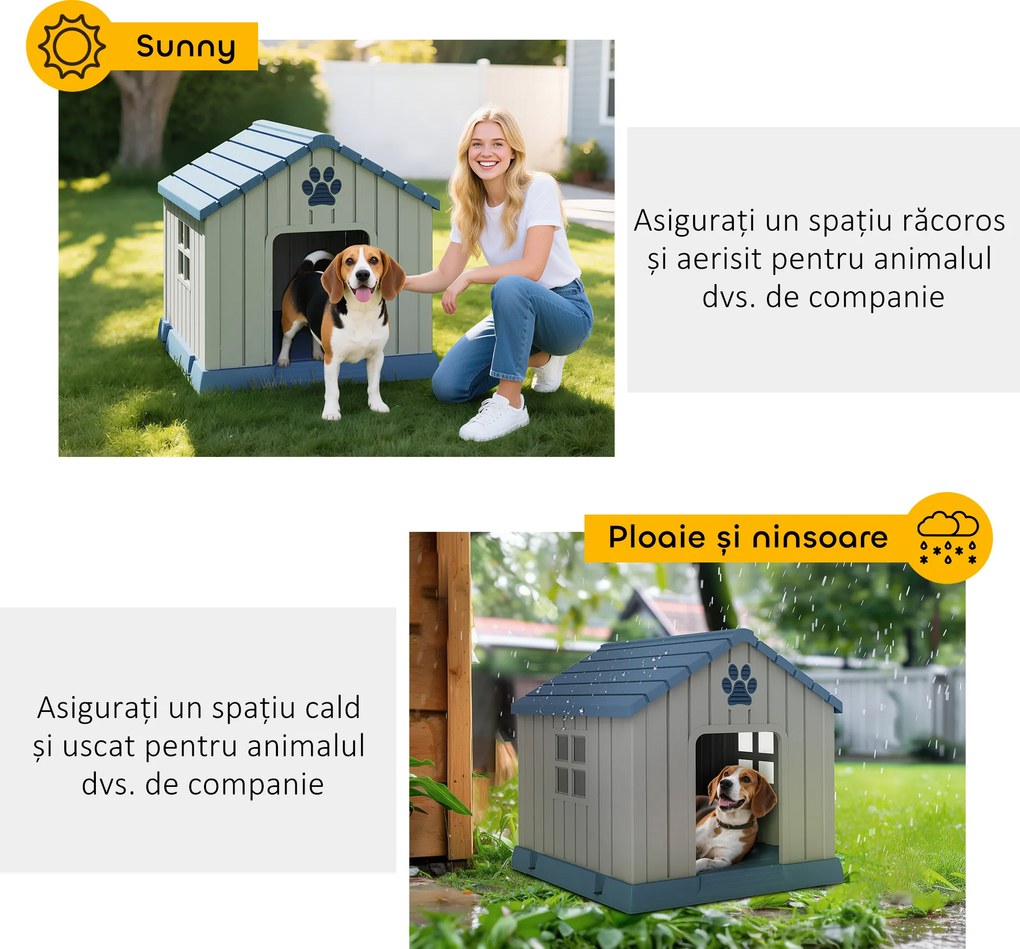 PawHut Căsuță pentru Câini din Plastic pentru Exterior, Impermeabilă, pentru Câini de Talie Medie cu Bază Ridicată, Ferestre și Acoperiș pentru Grădină, Patio, Terasă, Casă și Interior, 85x79x82 cm, Gri | Aosom Romania