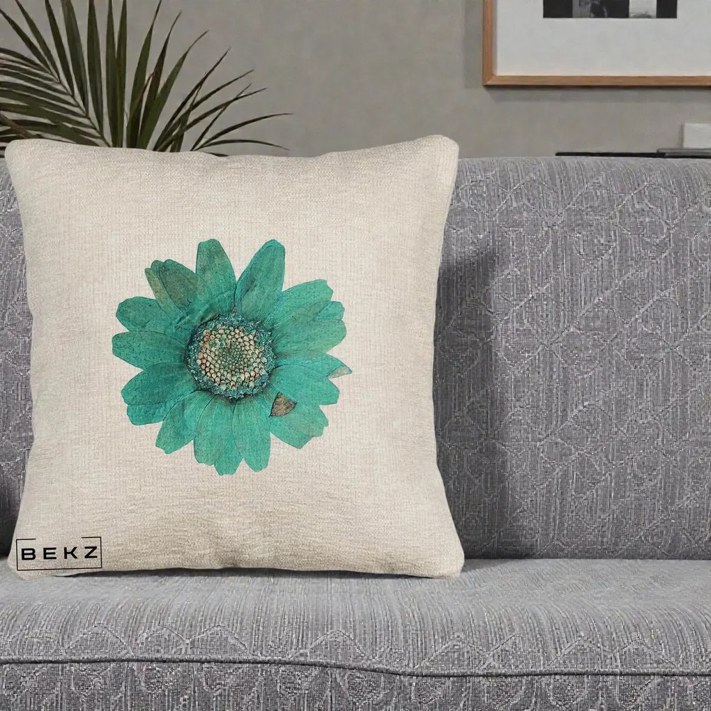 Perna Decorativa Floare Gerbera Teal Acuarela, 40x40 cm, Bej Canapea, Husa Detasabila, Perna Inclusa, BEKZ®