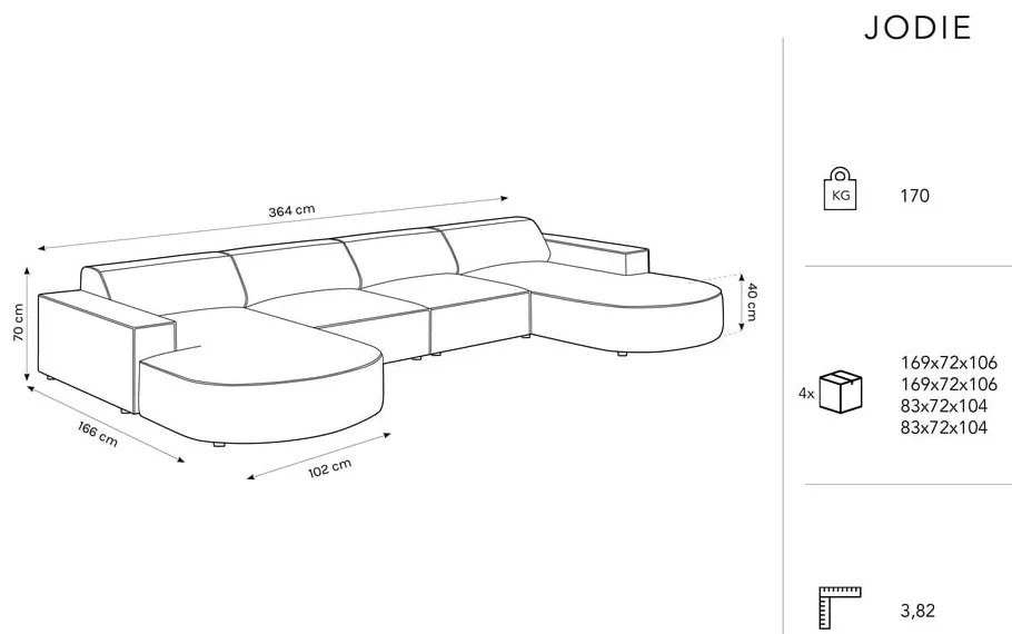 Colțar bej cu tapițerie din catifea (cu șezlong în formă de "U") Jodie - Micadoni Home