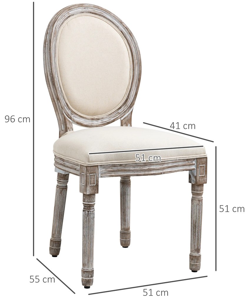 HOMCOM Set de 2 Scaune Vintage Fără Brațe, Scaune în Stil Franțuzesc cu Spătar Curbat și Tapițerie din In, 51x55x96 cm, Alb Crem | Aosom Romania