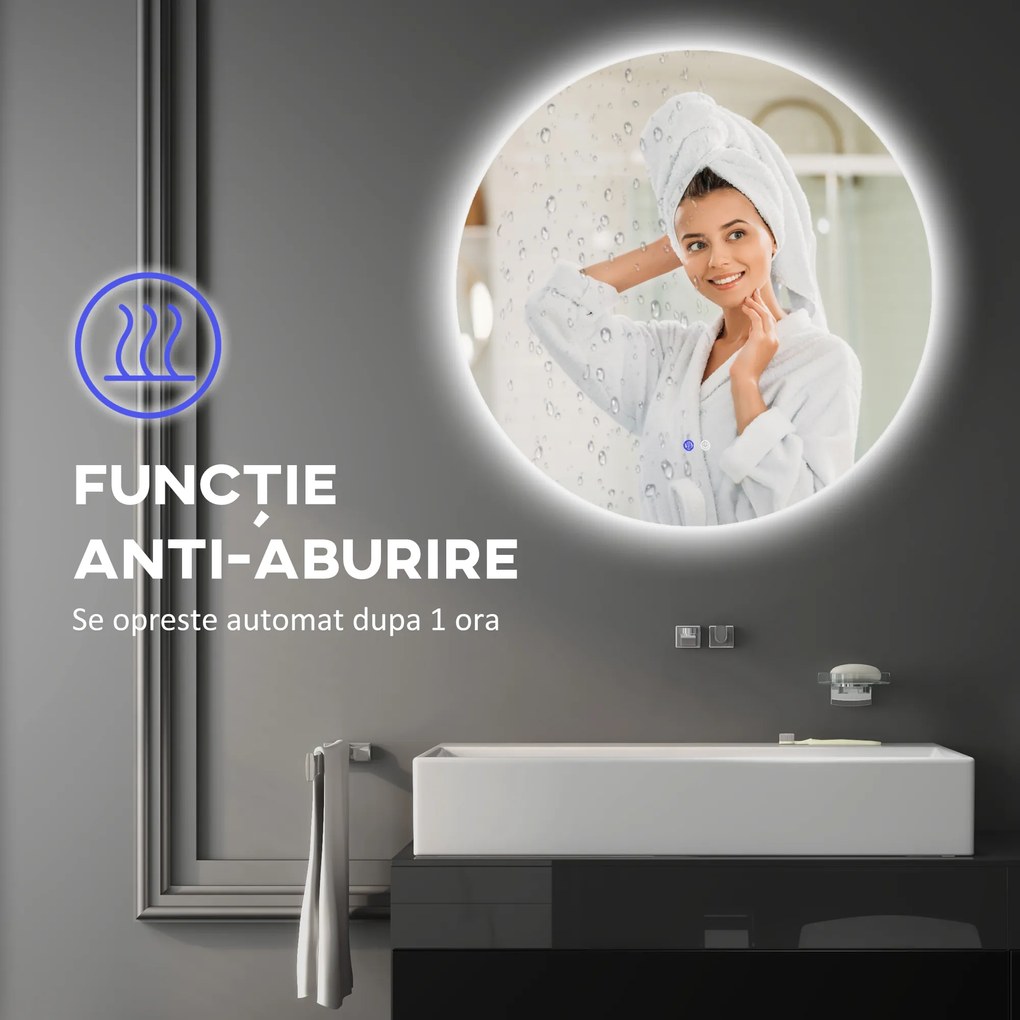 Kleankin Oglinda de Baie Rotunda cu Lumina LED in 3 Culori si intrerupatoare Touch, Ø70x3.5 cm, Transparent | Aosom Romania