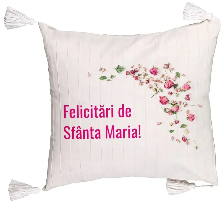 Perna Decorativa cu Franjuri, Model Felicitari de Sfanta Maria, 45x45 cm, Ecru, Cu fermoar