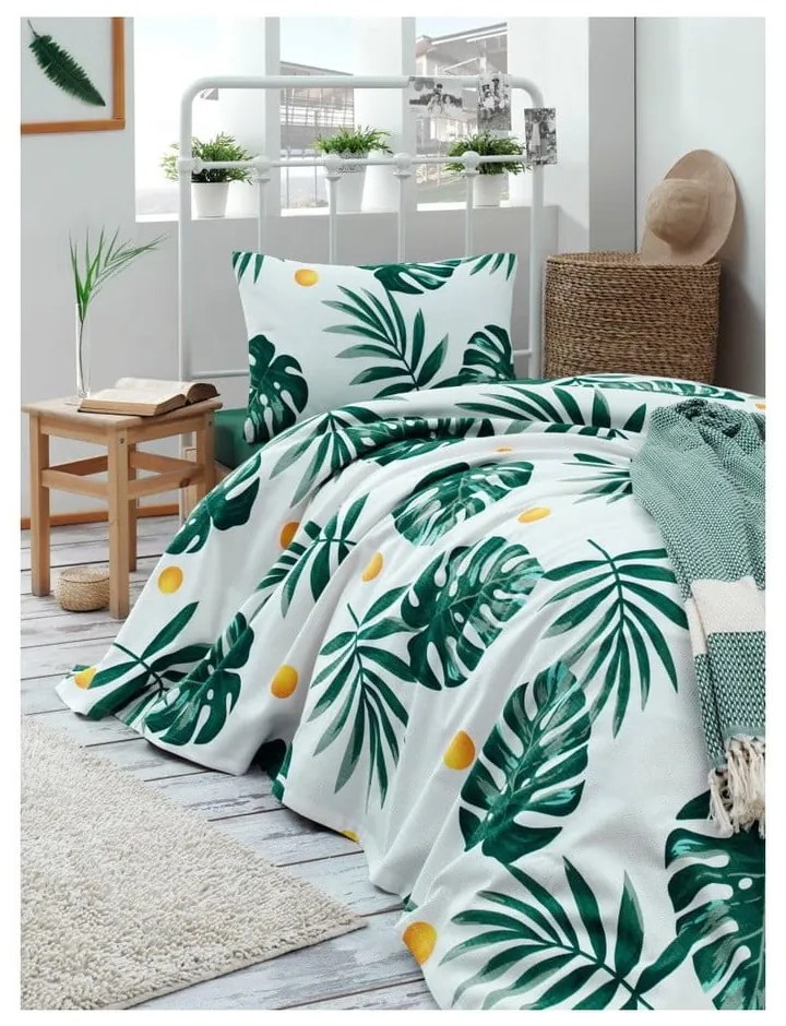 Set cuvertură și 2 fețe de pernă din bumbac Masso Jungle, 200 x 220 cm