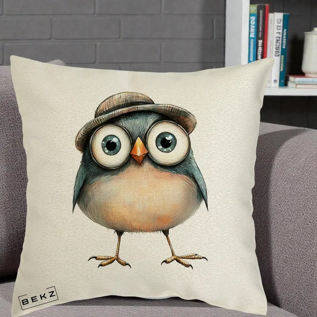 Perna Decorativa Pui cu Palarie Rotunda, 40x40 cm, Ecru, Husa Detasabila, Perna Inclusa, BEKZ®