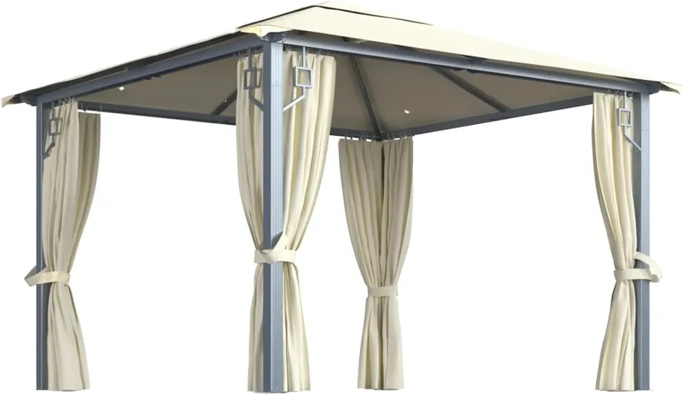 vidaXL Pavilion cu perdele & șiruri lumini LED, crem, 3x3 m, aluminiu