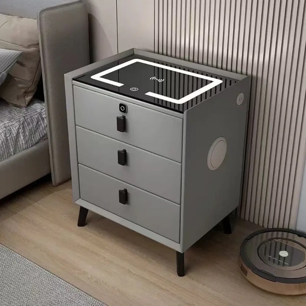 RESIGILAT- Noptieră inteligentă multifuncțională, 3 sertare, blocare cu amprentă, LED-uri tactile, 3 tipuri de culoare, încărcare fără fir, Difuzor Bluetooth, incarcare USB, sticla securizata, Gri