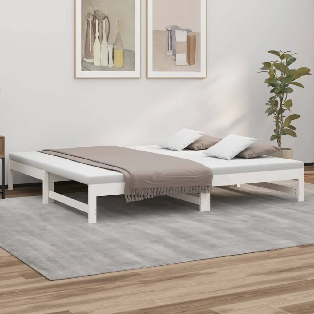 Pat de zi extensibil, alb, 2x(80x200) cm, lemn masiv de pin Alb, 205.5 x 158 x 30 cm