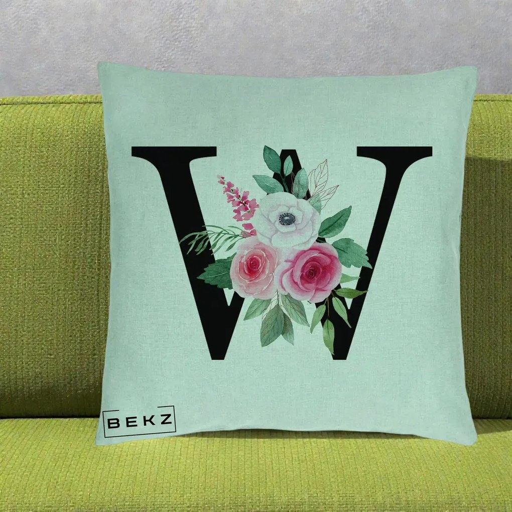 Cadou Personalizat - Perna Personalizata Monograma Florala Litera W cu Trandafiri si Anemona, 40x40 cm, Verde Menta, Husa Detasabila, Perna Inclusa, BEKZ®