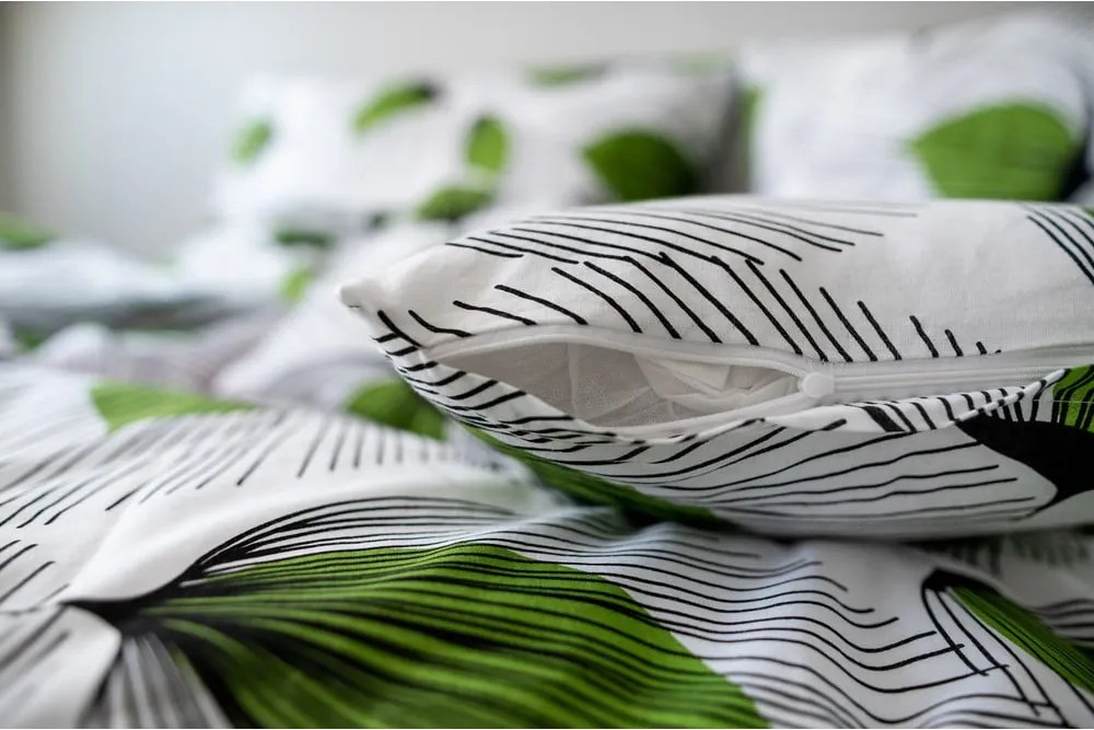 Lenjerie de pat din bumbac Cotton House Green Leaf, 140 x 200 cm, alb-verde