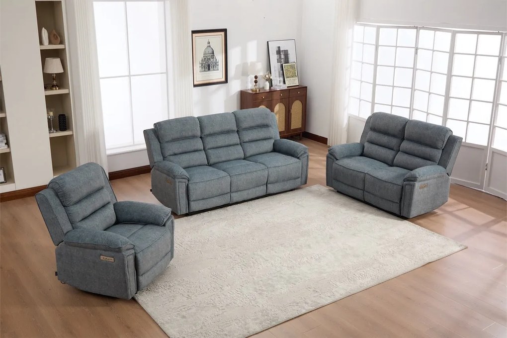 Set canapea dumonde 3+2+1, reclinere electrice, incarcare wireless, priza, masuta, suport pahare Sorren