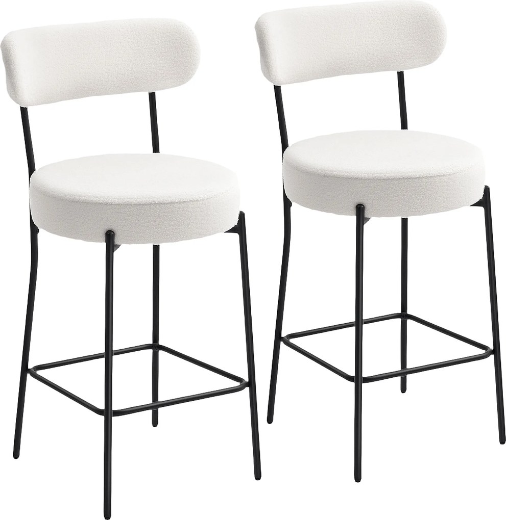 HOMCOM Set de 2 taburete de bar din țesătură bouclette, scaune de bar cu spătar curbat, suport picioare, 49x52x95cm, crem | Aosom Romania