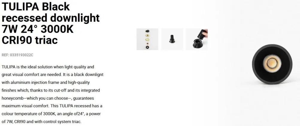 Spot LED incastrabil TULIPA Black recessed downlight 7W 24° 3000K CRI90 triac