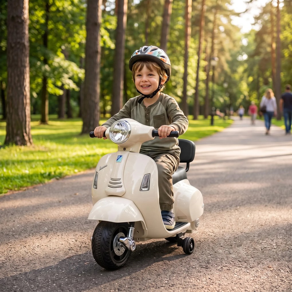 AIYAPLAY Motocicletă electrică pentru copii 1.5-3 ani mini Vespa GTS 7.2V, cu baterie litiu, spătar, roți ajutătoare, far, claxon, 2.5km/h, max. 25 Kg, alb crem | Aosom Romania