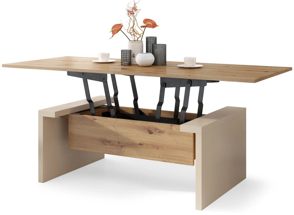 Mazzoni SPACE Stejar Artisan/Bej (Șampanie) - MĂSUȚĂ EXTENSIBILĂ CU RIDICAREA BLATULUI MĂSUȚĂ DE CAFEA