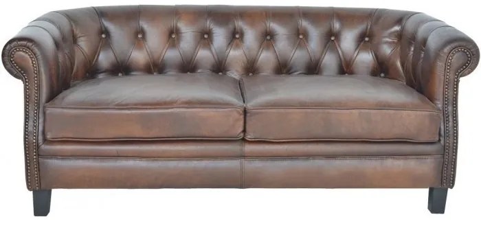 Canapea 2 locuri din piele naturală, maro, Chesterino, 155 x 79 x 66 cm