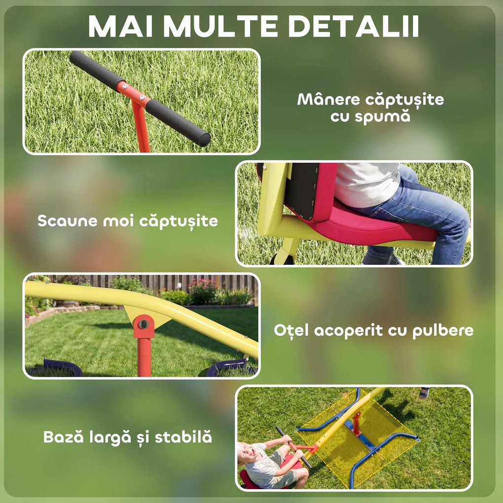AIYAPLAY Balansoar pentru Copii Rotativ 360°, Capacitate 200kg, 2 Locuri cu Mânere Antiderapante, Scaune Capitonate, Spătar, Roți, 253x96x75 cm, 3-12 Ani | Aosom Romania