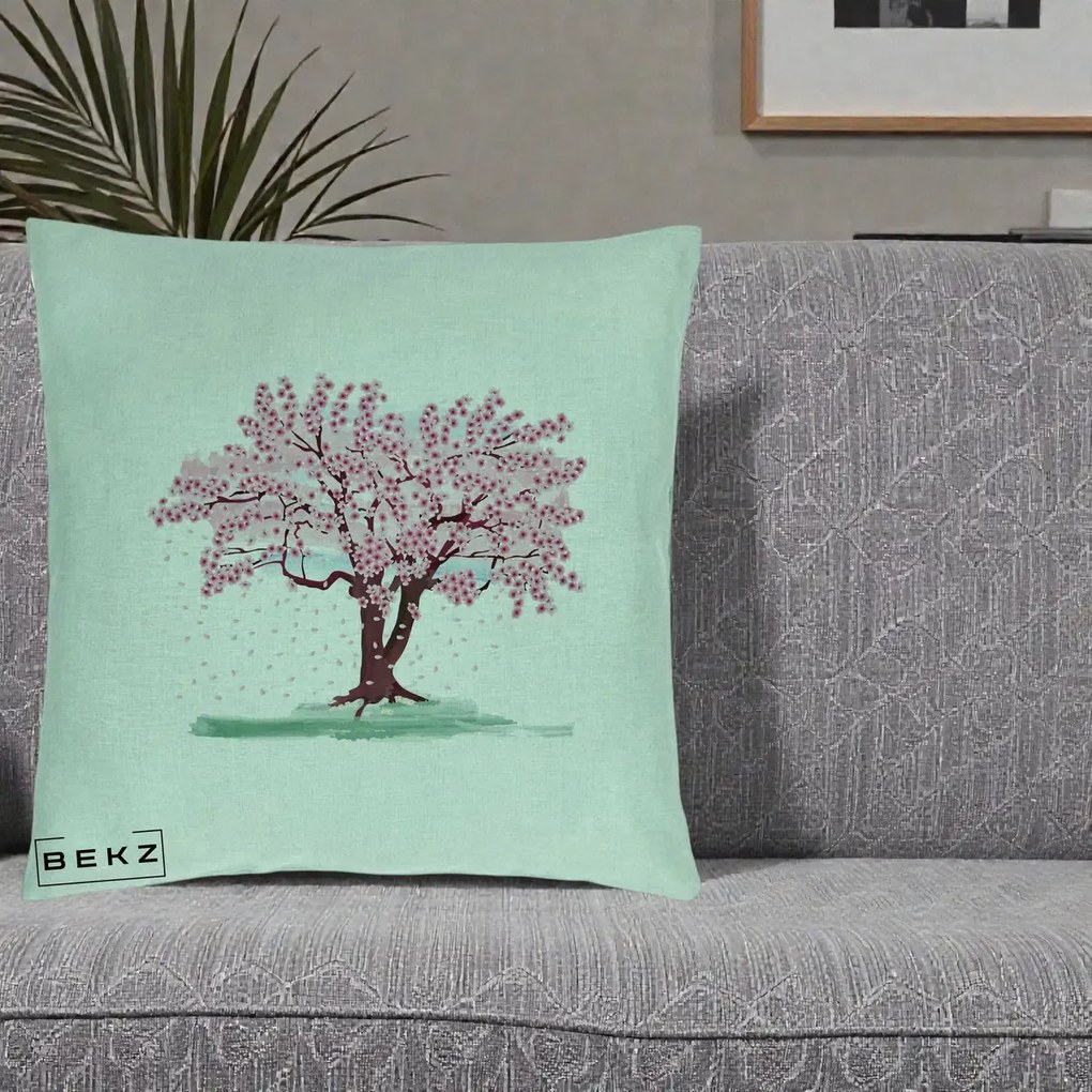 Perna Decorativa Cires Inflorit Acuarela, 40x40 cm, Verde Menta, Husa Detasabila, Perna Inclusa, BEKZ®