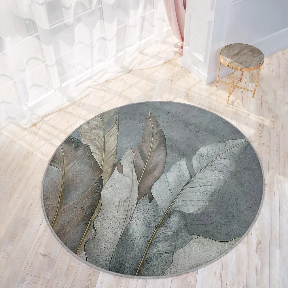 Covor verde/gri lavabil rotund ø 150 cm Dusty Leaves – Mila Home