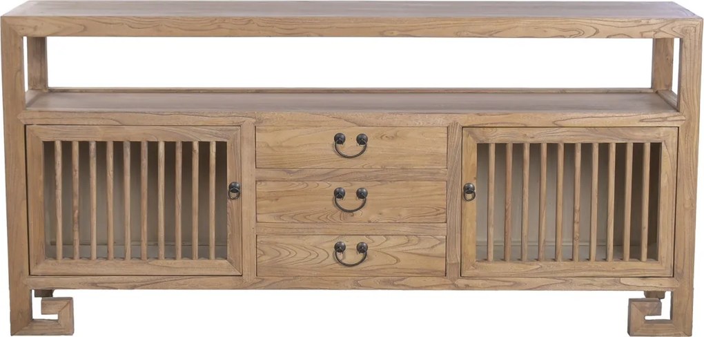 Bufet rustic în stil oriental, din lemn de ulm reciclat, natur, cu 2 uși cu grilaj, 3 sertare și raft deschis, 80 x 170 x 40 cm, „Largentière”