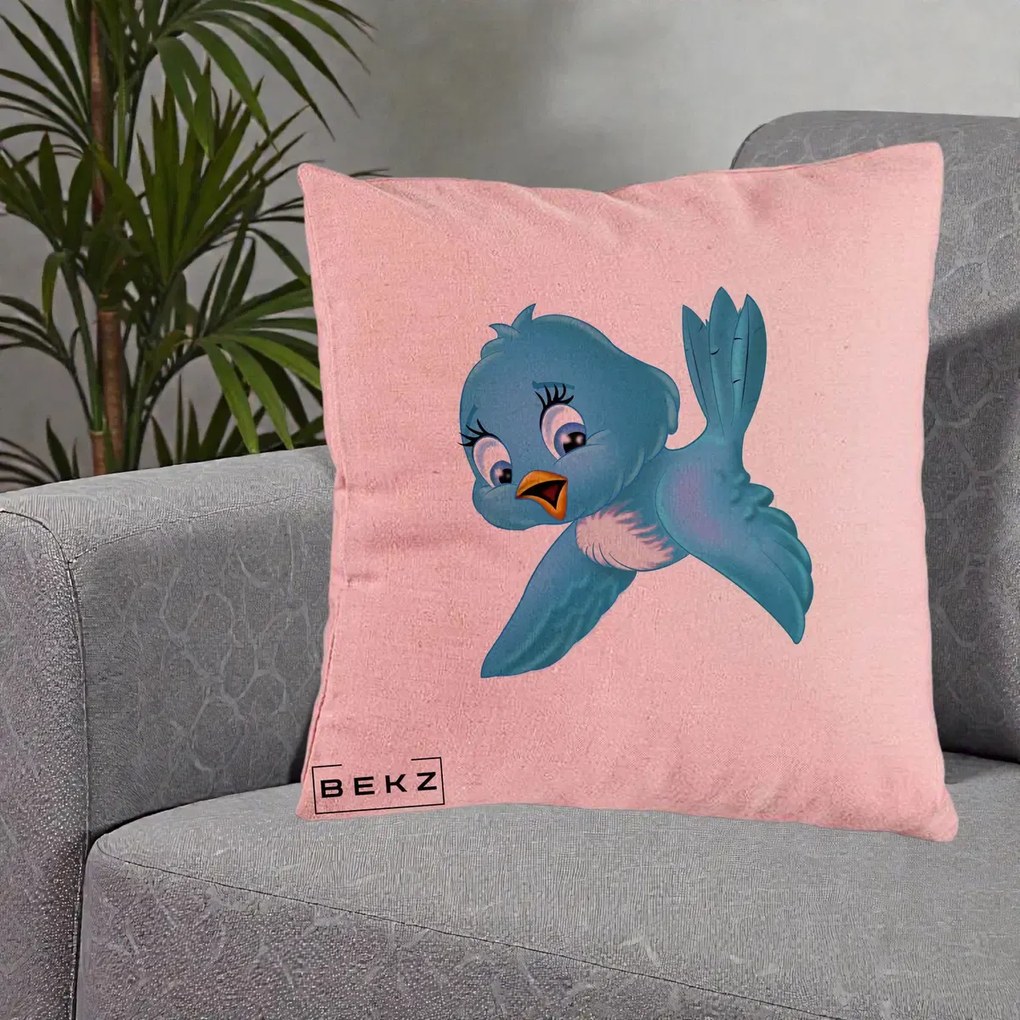 Perna Decorativa Pui de Pasare Albastru, 40x40 cm, Roz, Husa Detasabila, Perna Inclusa, BEKZ®