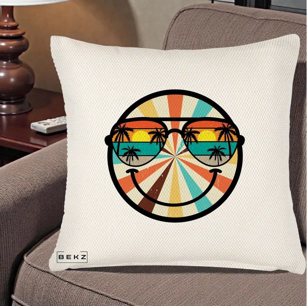 Perna Decorativa Smiley Face Retro Sunset Palmieri, 40x40 cm, Crem Reliefat, Husa Detasabila, Perna Inclusa, BEKZ®
