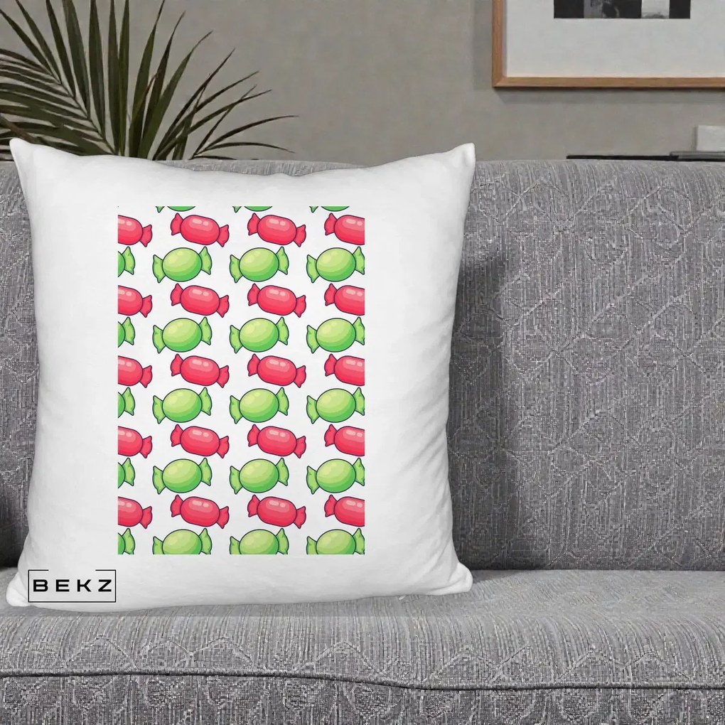 Perna Decorativa Bomboane Craciun Pattern, 40x40 cm, Alb Pufos, Husa Detasabila, Perna Inclusa, BEKZ®