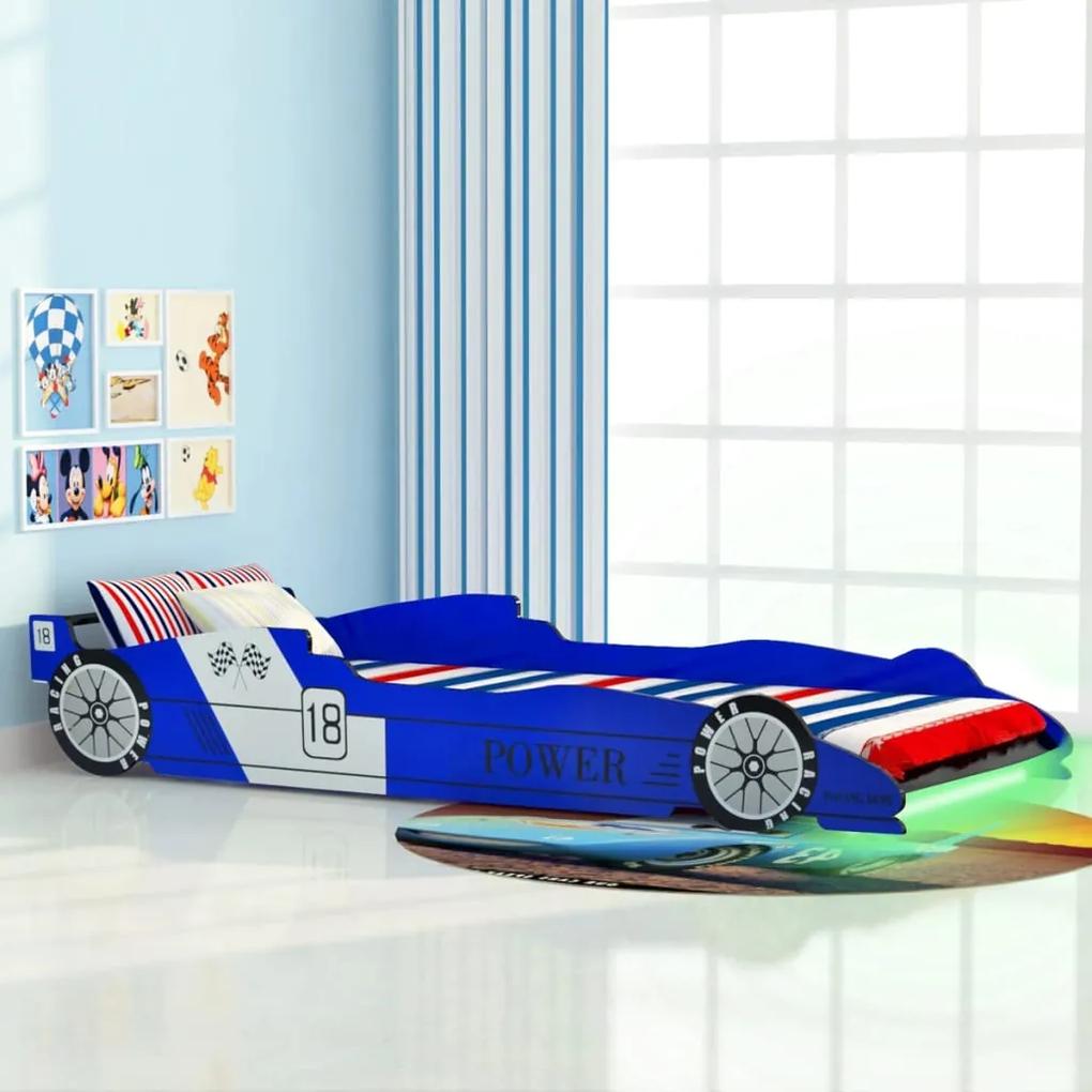 243937 vidaXL Pat copii mașină de curse, cu LED, 90 x 200 cm, albastru