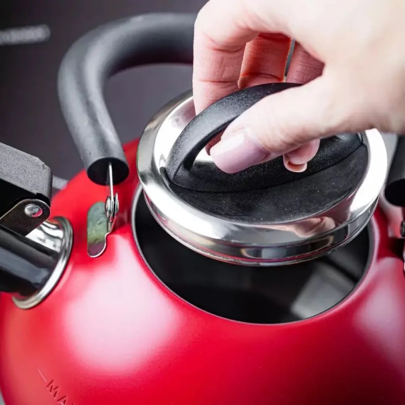 Ceainic cu fluier Kinghoff KH 1853, 1.8 l, Maner izolat termic, Inductie, Rosu/ Inox