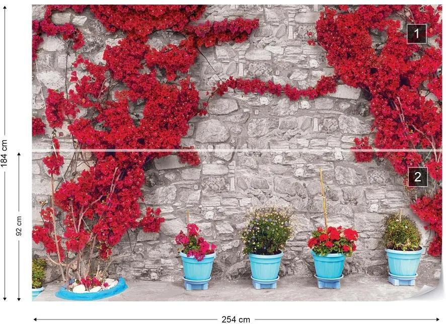GLIX Fototapet - Red Flowers Old Stone Wall Vliesová tapeta  - 254x184 cm