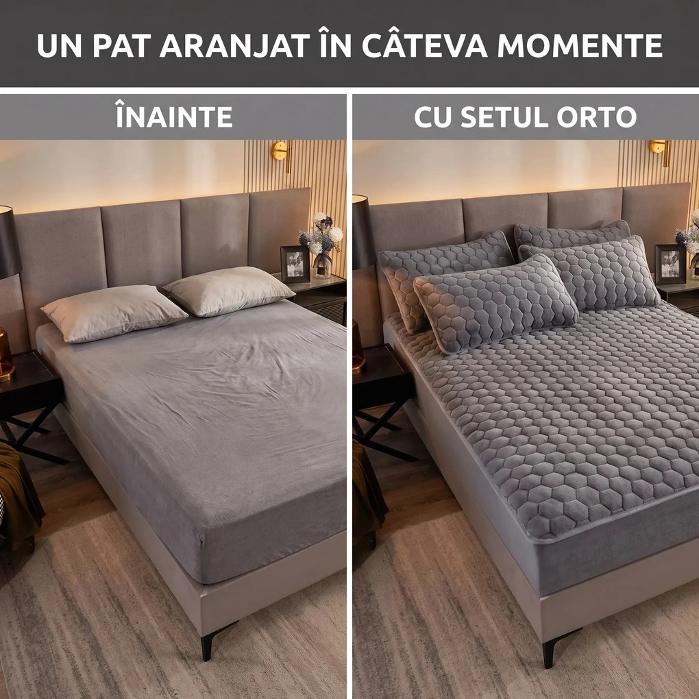 Set lenjerie de pat plusata, husa cu elastic si 2 fete de perna, Gri