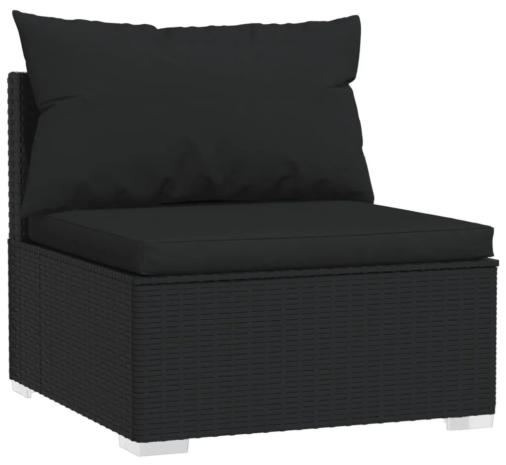 Set mobilier de gradina cu perne, 11 piese, negru, poliratan Negru, 4x colt + 5x mijloc + suport pentru picioare + masa, 1