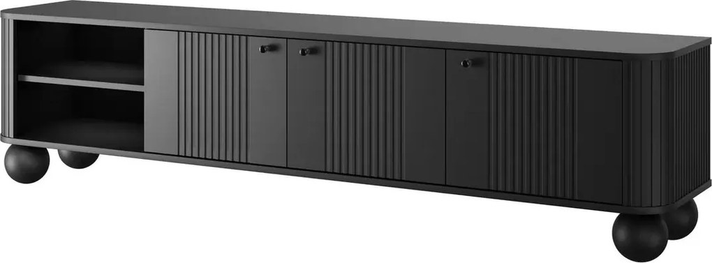 Comodă TV Vesper 187 cm cu 3 uși - negru / mânere negre / picioare sferice