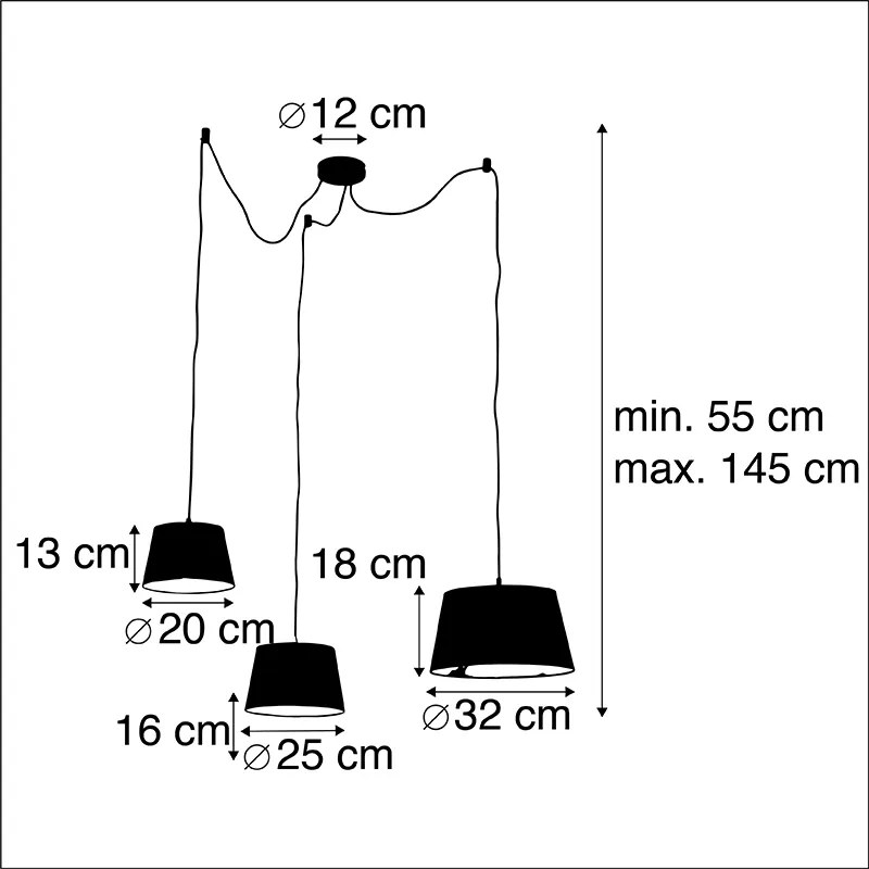 Lampă suspendată cu 3 abajururi din bumbac negru și auriu - Cava