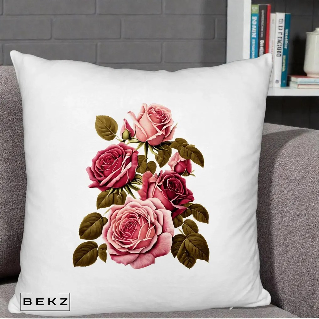 Perna Decorativa Trandafiri Vintage Roz-Rosii, 40x40 cm, Alb Pufos, Husa Detasabila, Perna Inclusa, BEKZ®