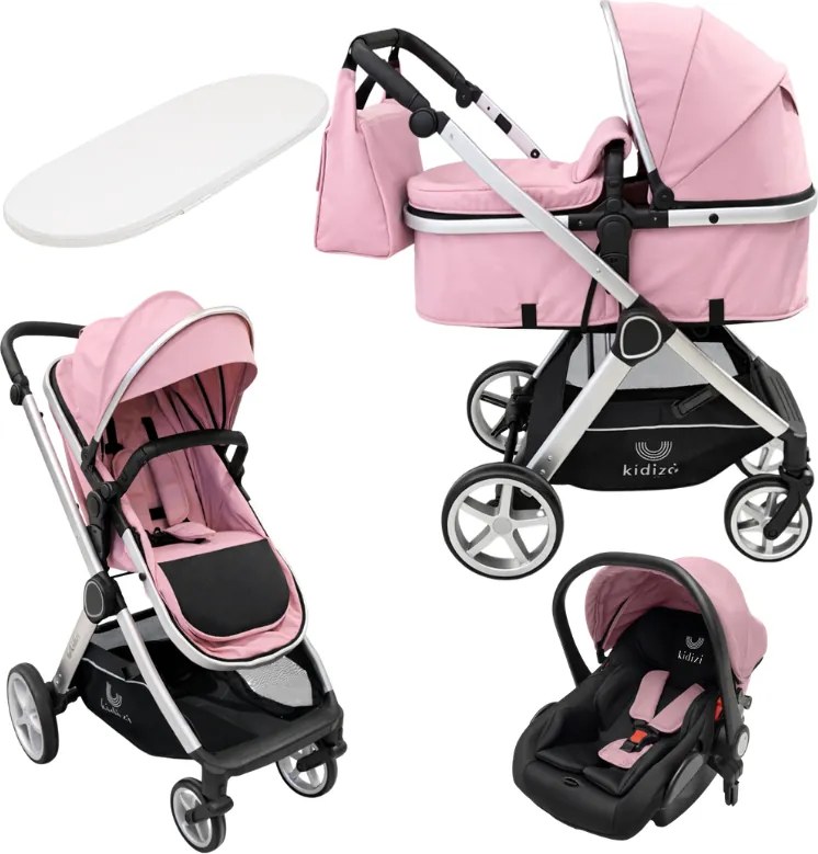 Carucior 3 in 1 Kidizi Moveo Roz – Sistem Complet Transformabil cu Scoica Auto, Landou si Parte Sport, Saltea si Geanta Incluse, Cadru silver, 0–36 luni