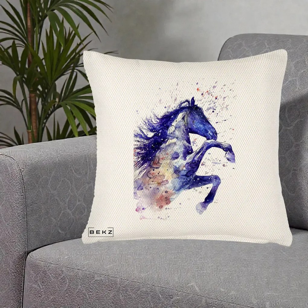 Perna Decorativa Cal Albastru Acuarela, 40x40 cm, Crem Reliefat, Husa Detasabila, Perna Inclusa, BEKZ®