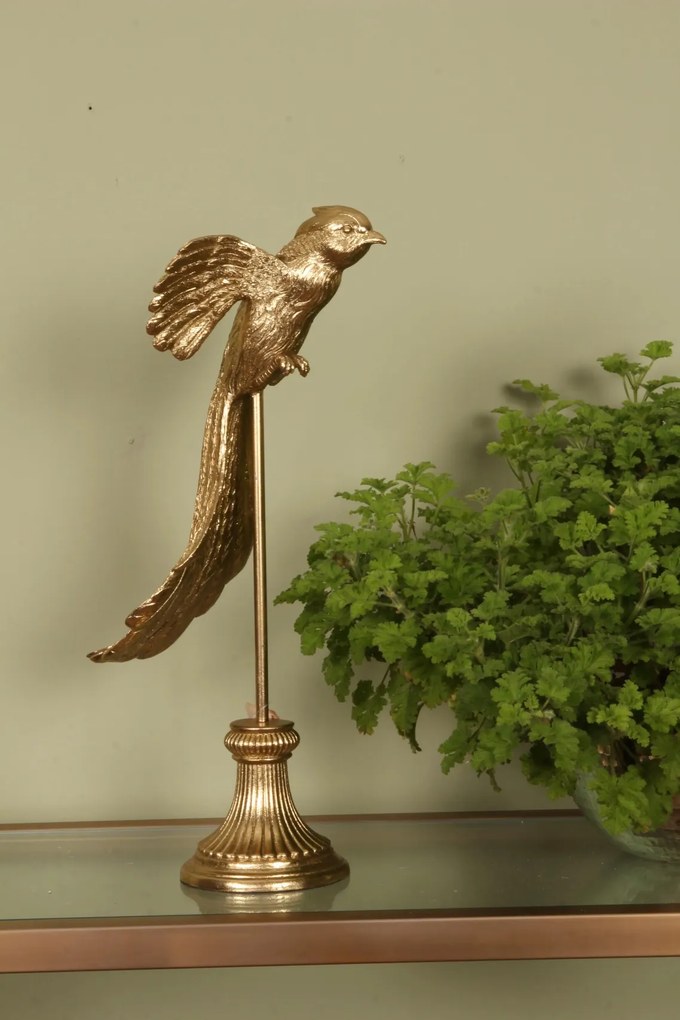 Statuetă decorativă din polirășină, auriu, pasăre pe suport, 49,5 x 24 x 18 cm, „Phénix”