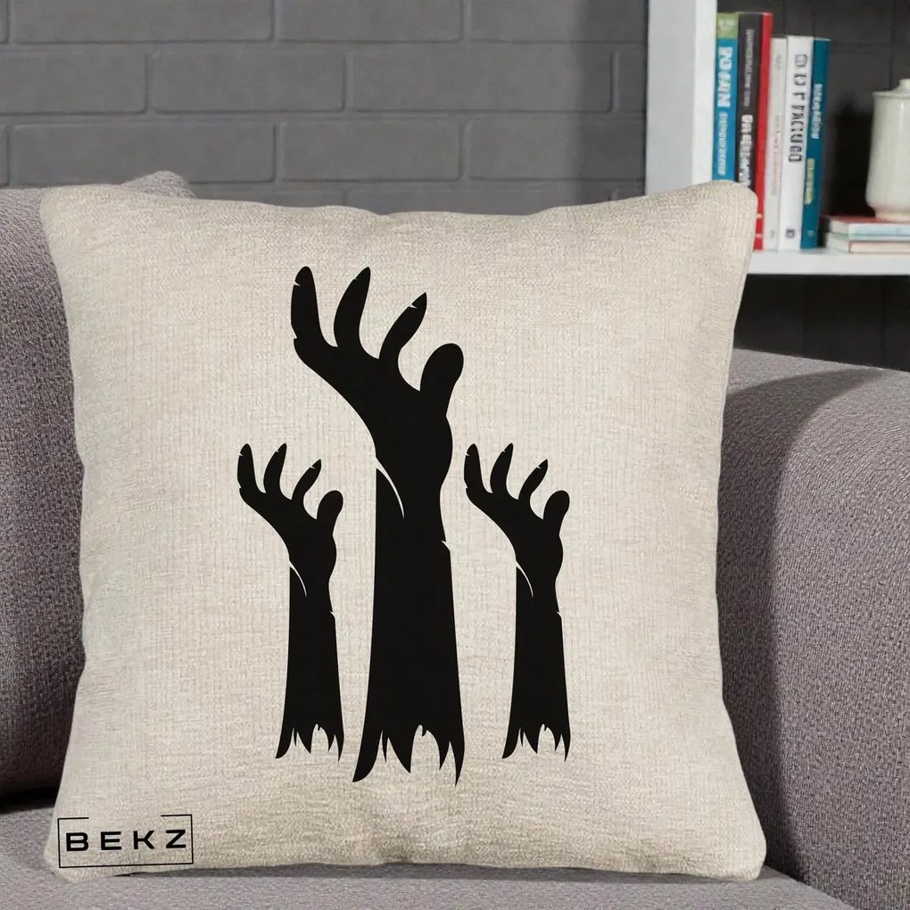 Perna Decorativa Halloween Maini Zombie Alb-Negru, 40x40 cm, Bej Canapea, Husa Detasabila, Perna Inclusa, BEKZ®