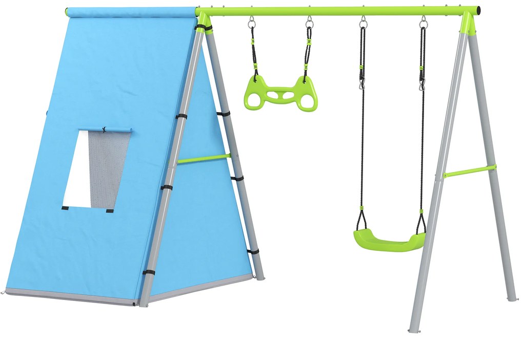 Set balansoar AIYAPLAY 3 in 1, Cort de Joacă, Balansoar, Inele de Gimnastică, Metal, Plastic, Verde | Aosom Romania